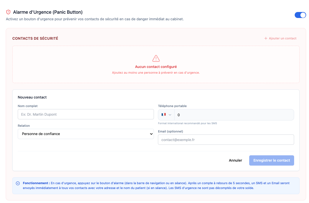 Configuration des contacts de sécurité et du bouton panique dans Kooplia